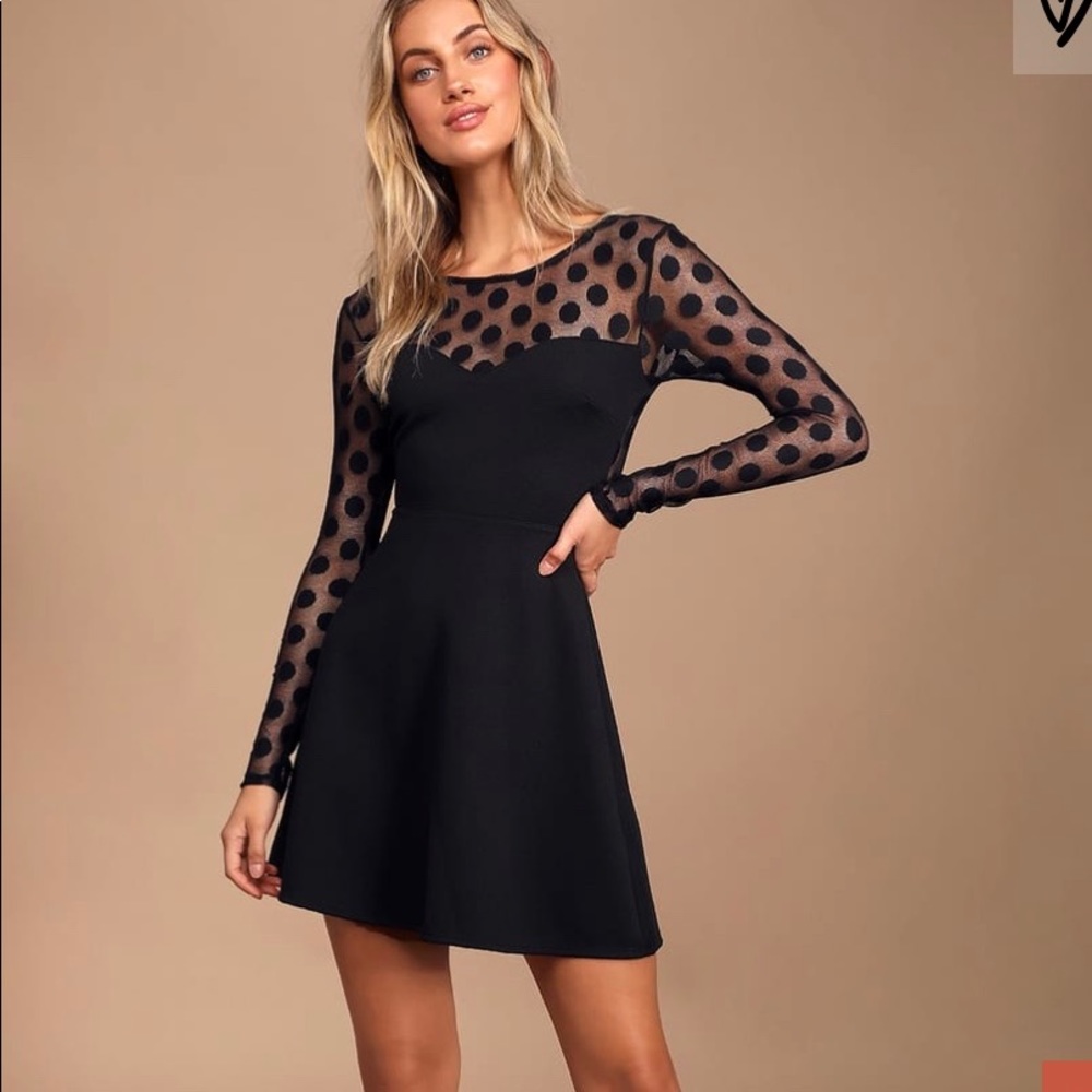 Lulus In Hot Dot-ter Long Sleeve Black Dress